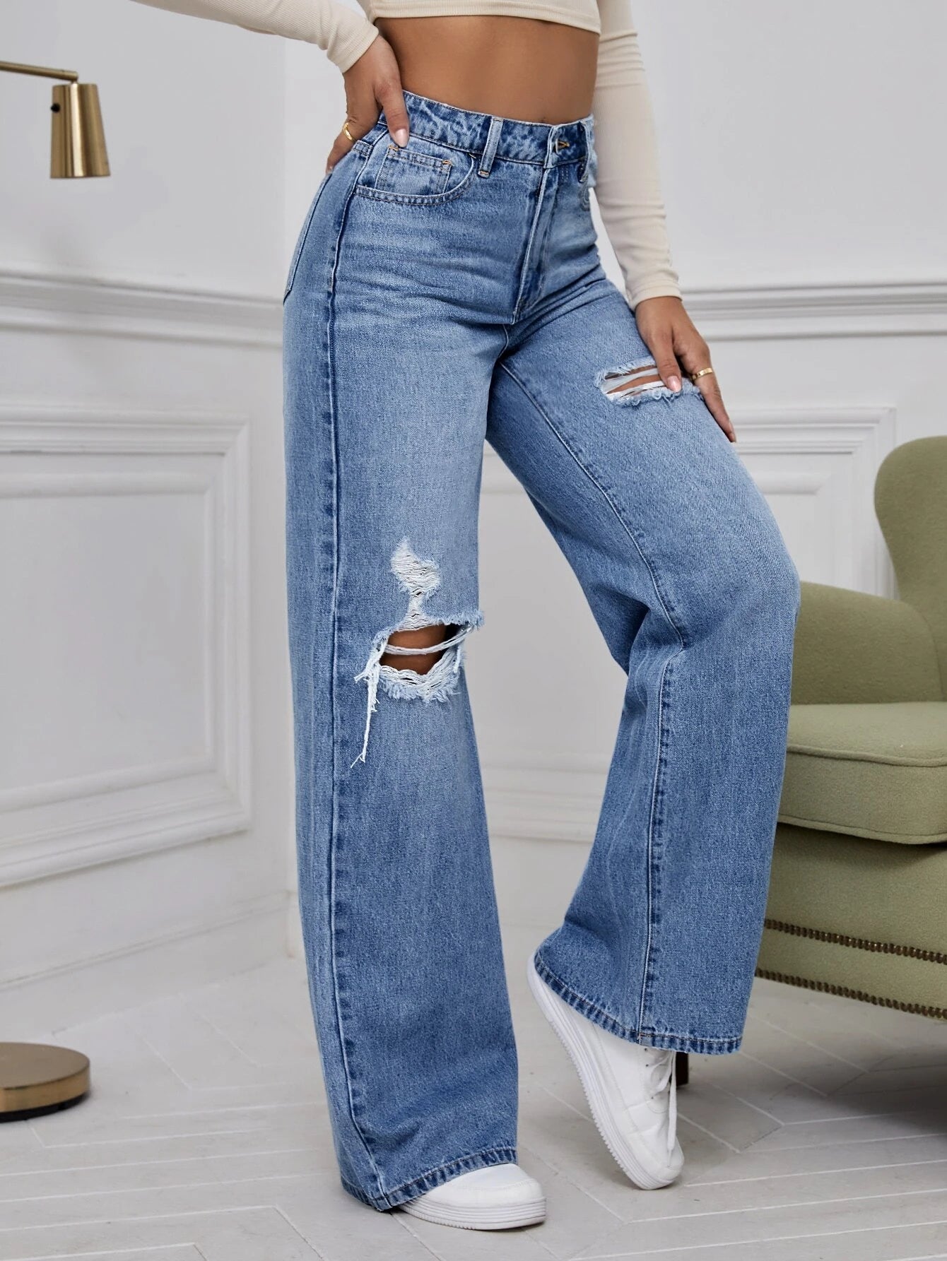 Ezwear High Waist Ripped Wide Leg Jeans