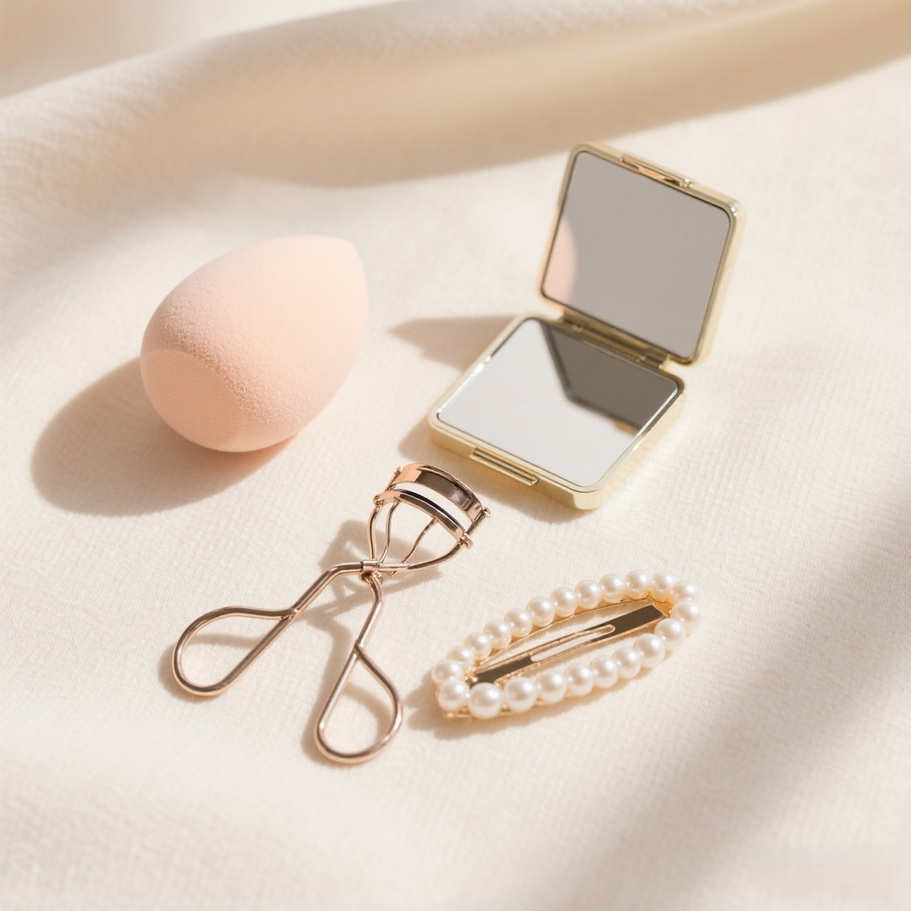 Flat lay of beauty accessories like a makeup sponge, compact mirror, and pearl hair clip on a soft pastel background.