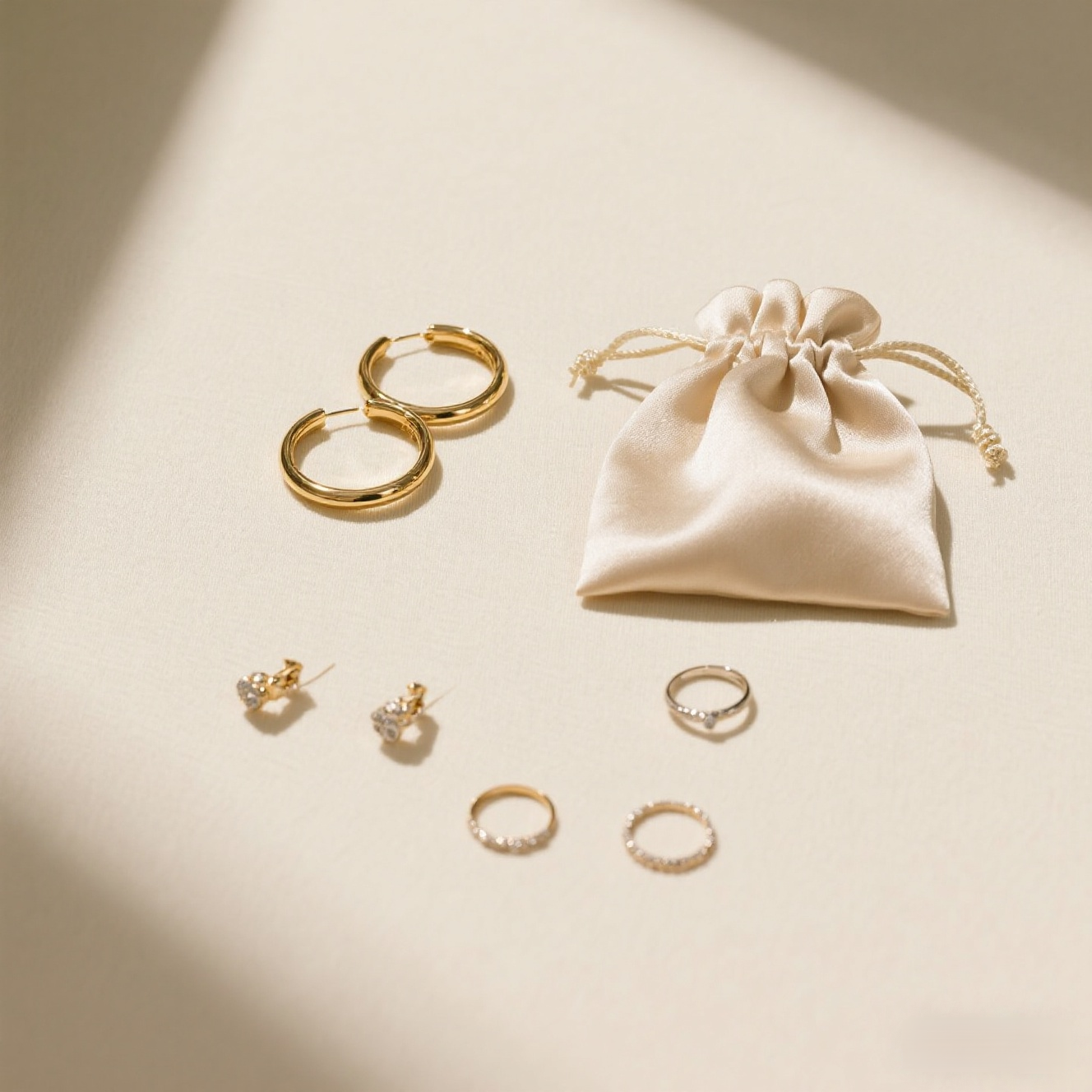 A soft flat lay of gold jewelry and a silk pouch on a neutral background, highlighting fashion accessories.