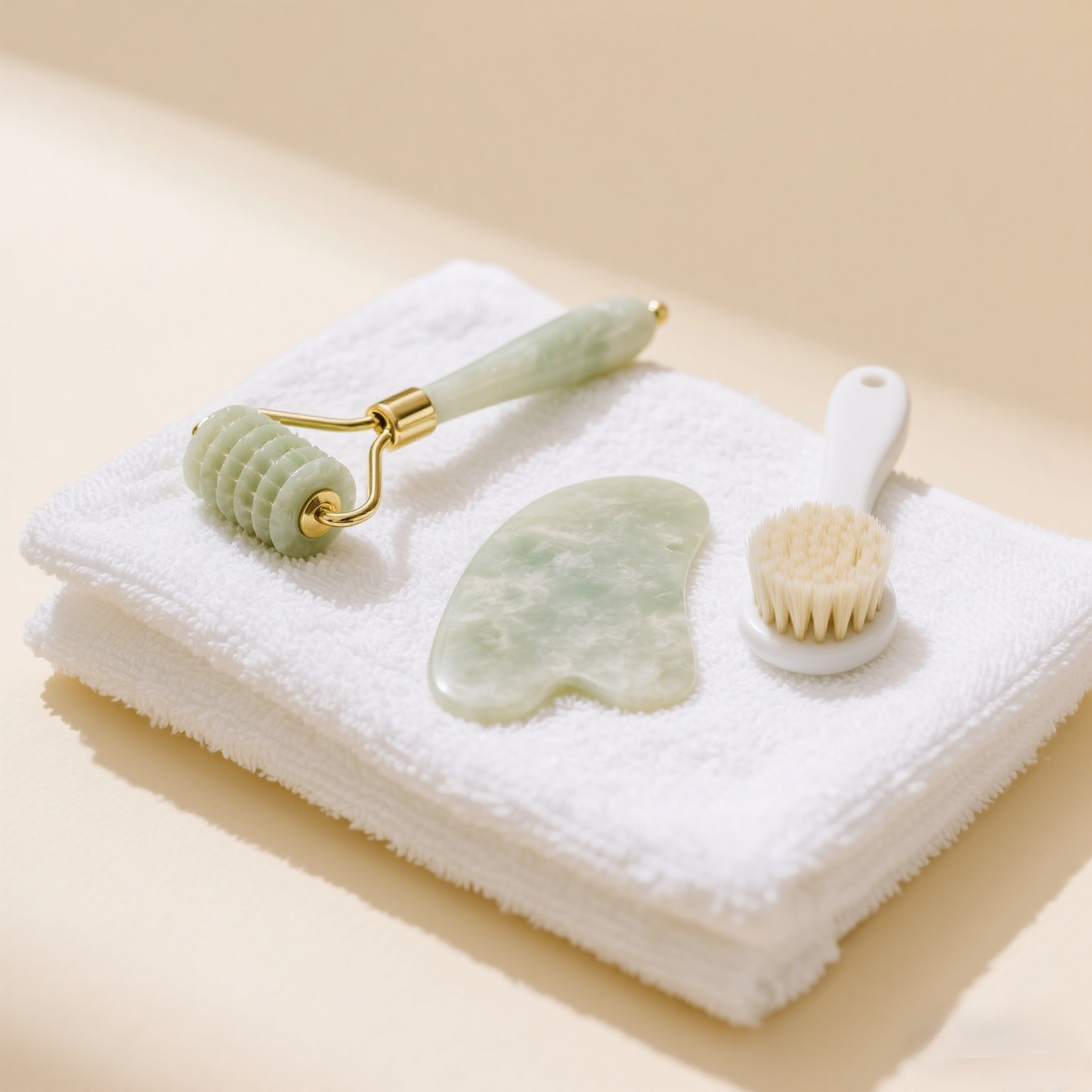 Flat lay of facial tools like jade roller and gua sha stone on a white towel with a pastel background.