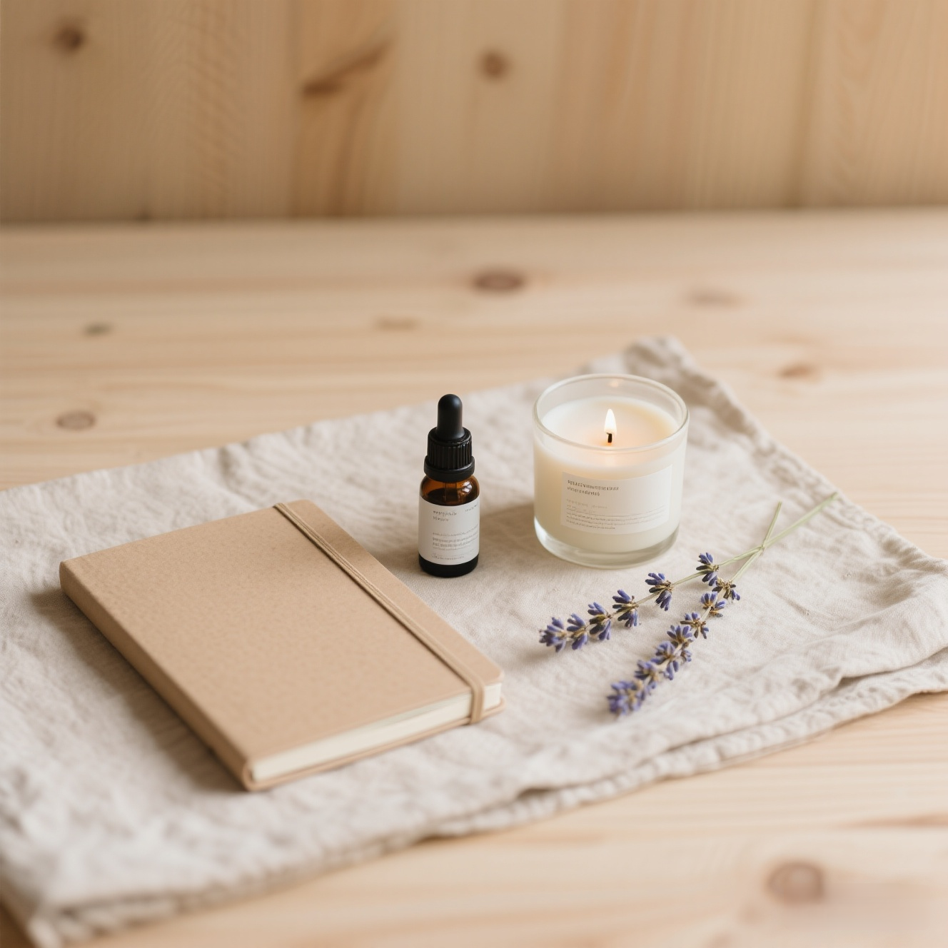 A minimal flat lay of mindfulness items like a candle, journal, and essential oil with a calm neutral background.