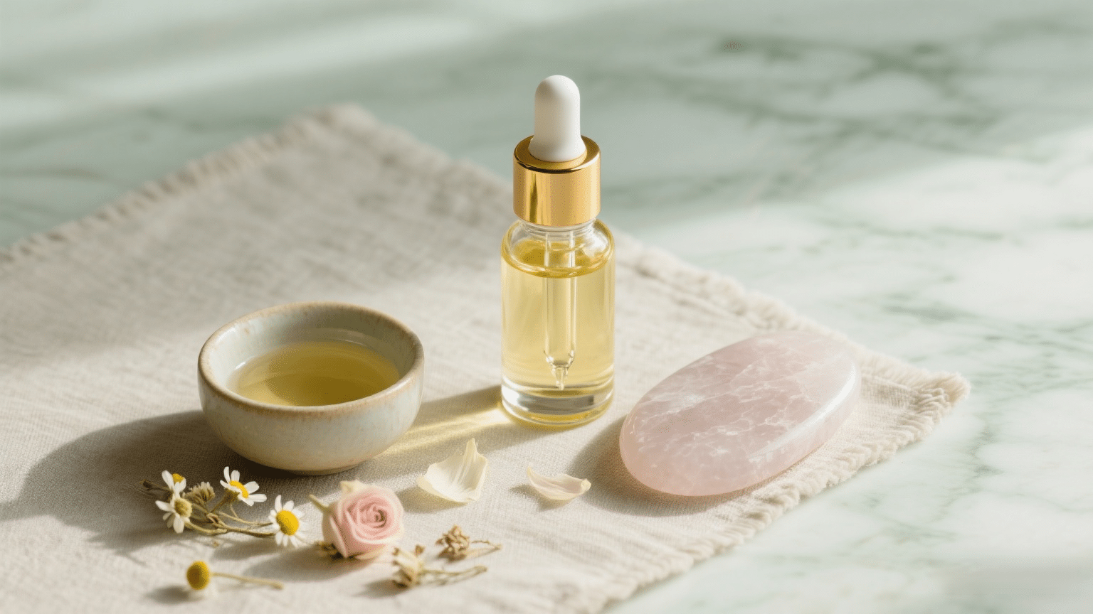 Gua Sha tool and facial oil bottle on soft linen with dried flowers, styled for skincare and self-care atmosphere.