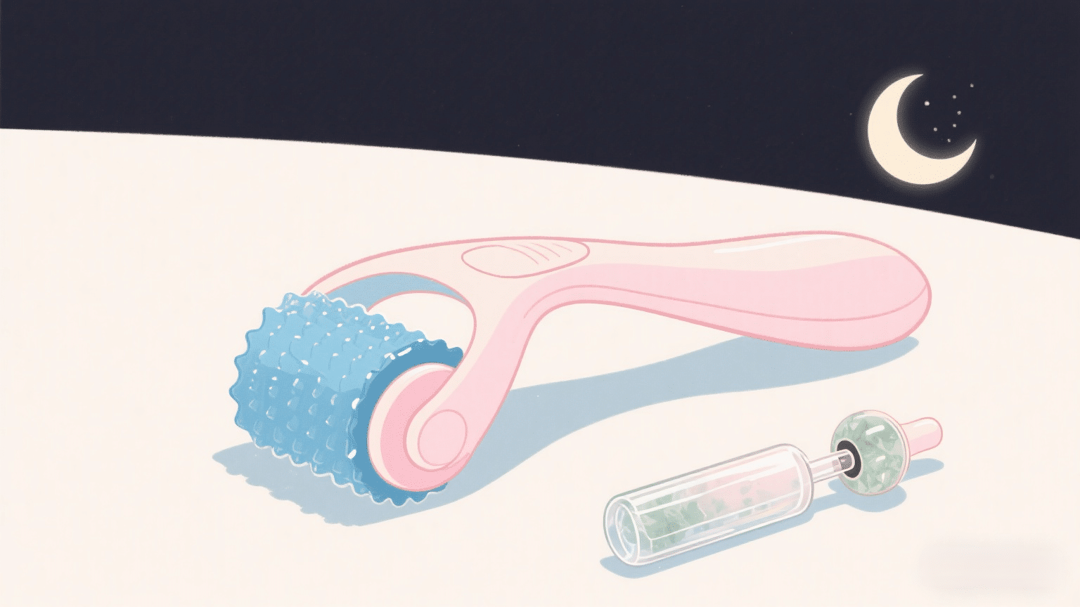 Flat lay of an ice roller on a pastel background with icons representing morning and night skincare routines.