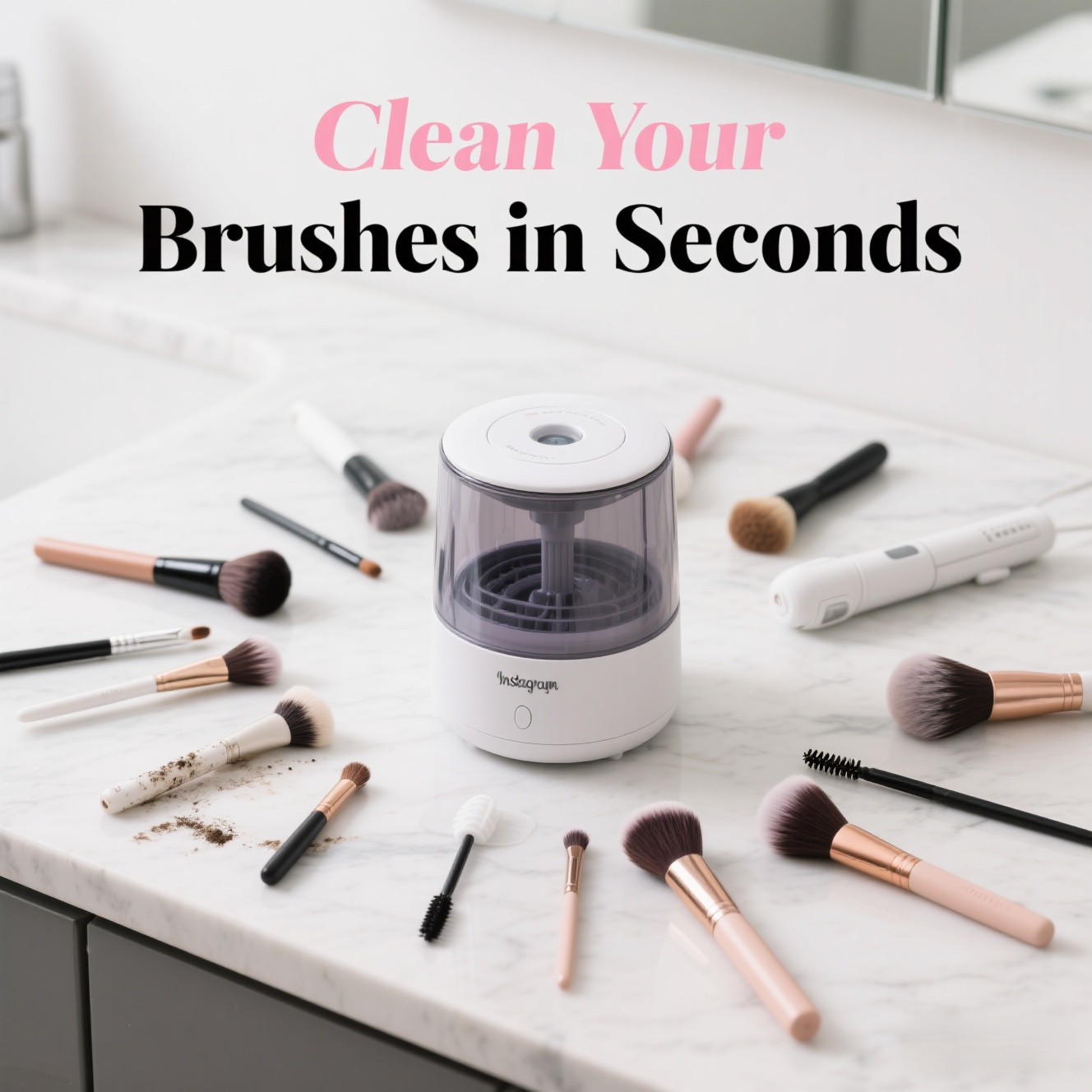 Electric makeup brush cleaner with various makeup brushes on a marble surface, showing clean and dirty brushes for comparison.
