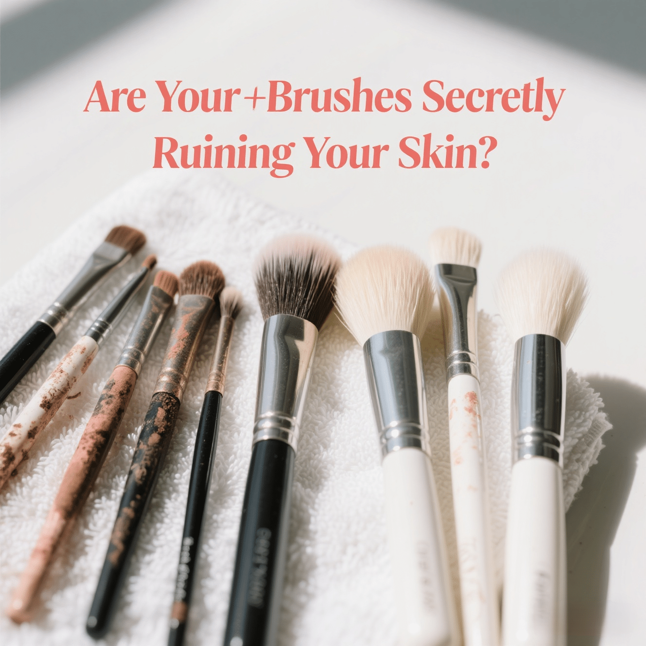 Dirty and clean makeup brushes laid out for cleaning, highlighting hygiene in beauty routines.