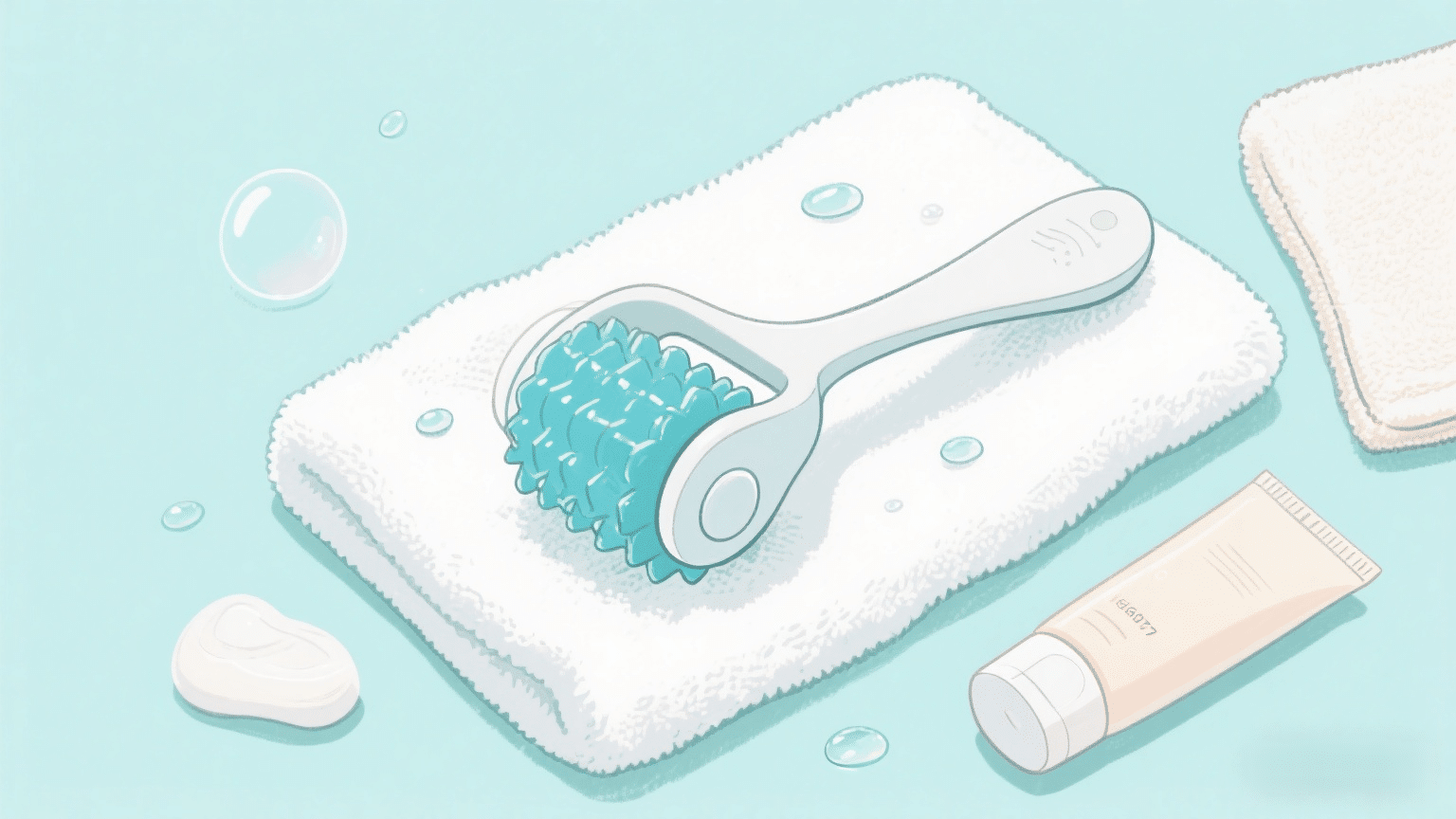 Ice roller placed on a clean white towel with soap and water, surrounded by gentle skincare cleaning tools on a pastel blue background.