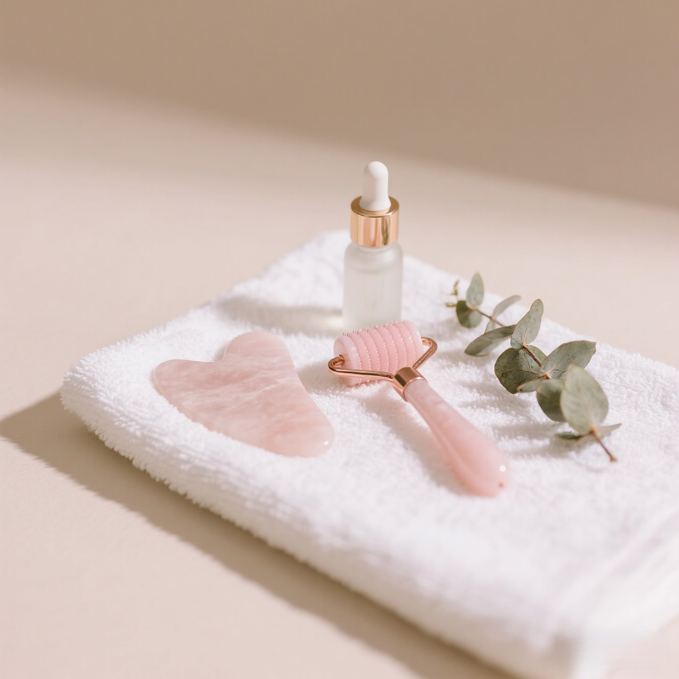 A Gua Sha stone and ice roller side by side on a spa towel with natural light