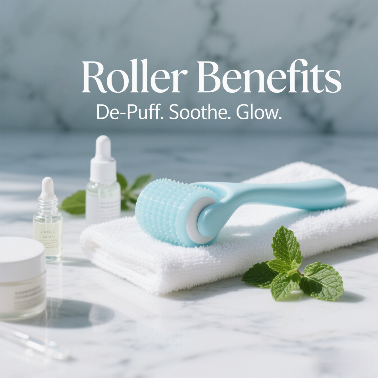 Soft pastel ice roller on towel with skincare items, flat lay style, showcasing self-care and facial massage benefits.