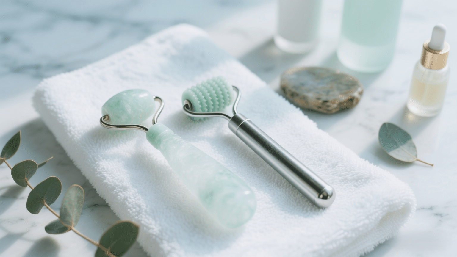 A minimalist flat lay of an ice roller and cryo stick on a white spa towel background with soft lighting, styled for skincare comparison.