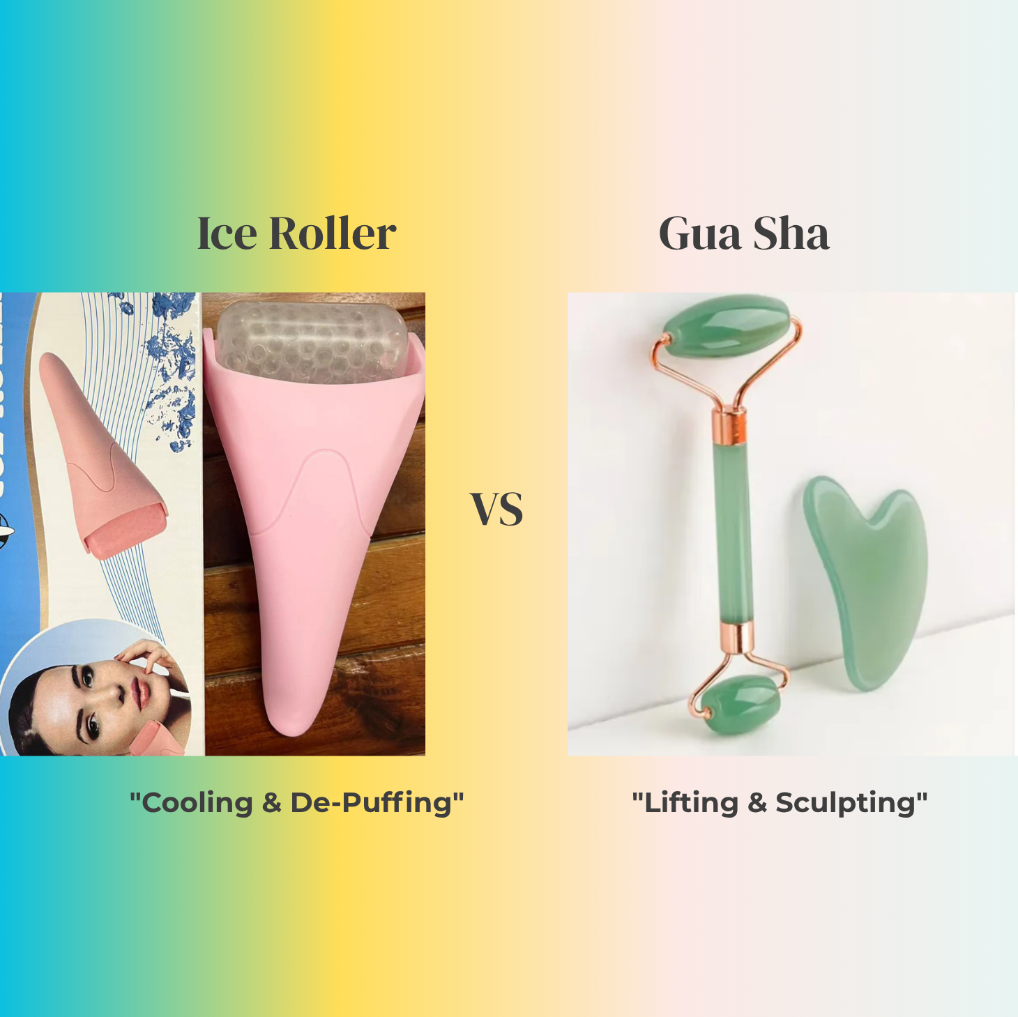 A side-by-side comparison of a pink ice roller and green gua sha tools, highlighting the visual difference between cold therapy and traditional facial massage devices.