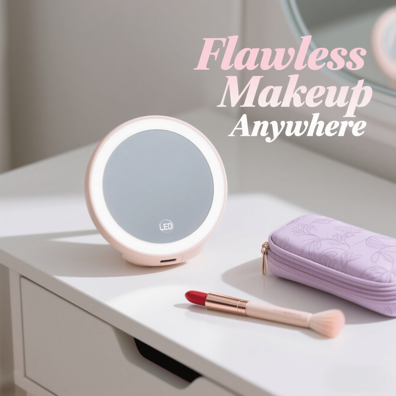 Portable LED makeup mirror with lights, placed beside makeup accessories on a white vanity table.