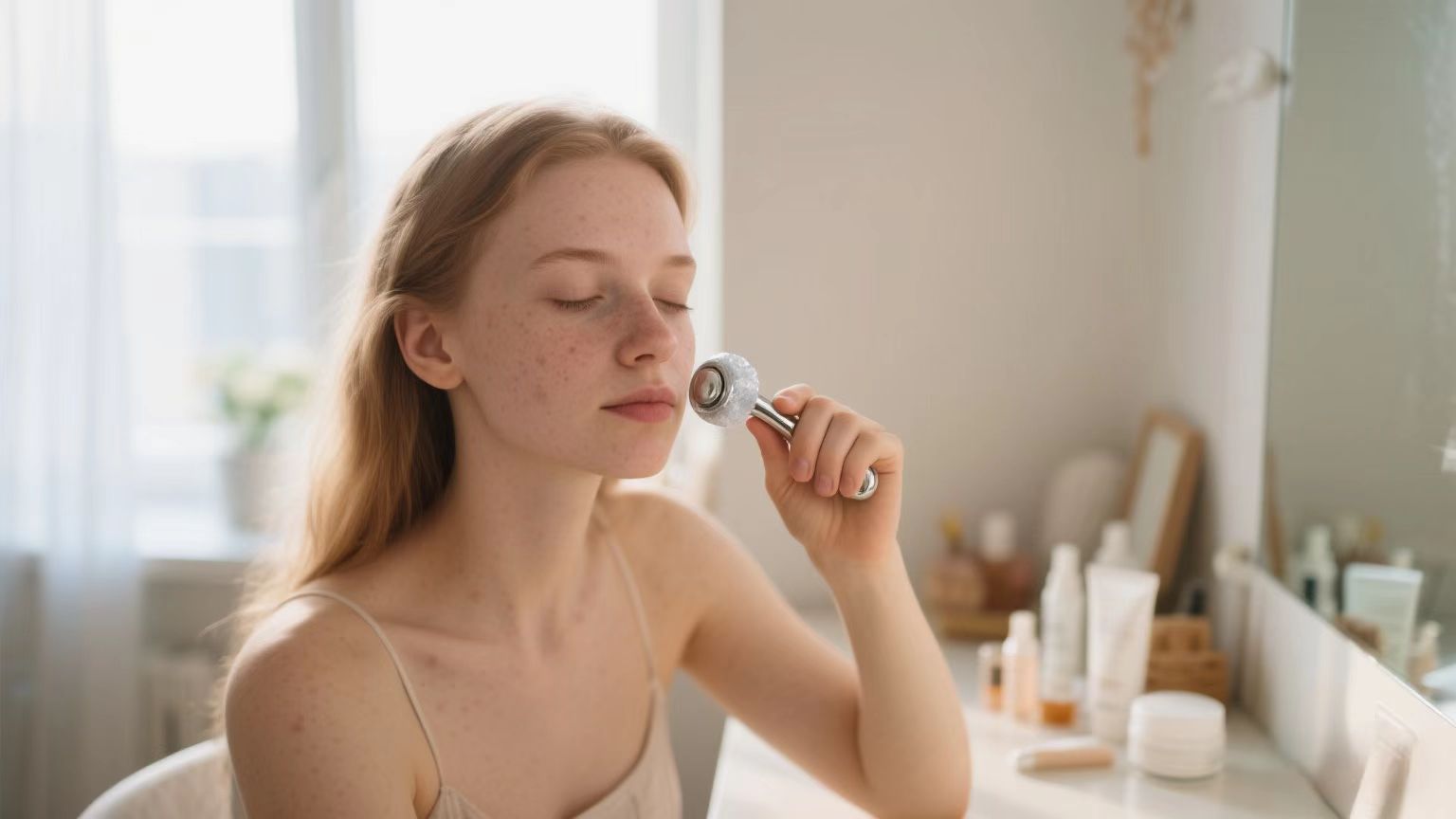 Woman with acne-prone skin using an ice roller on her face for soothing and inflammation relief.