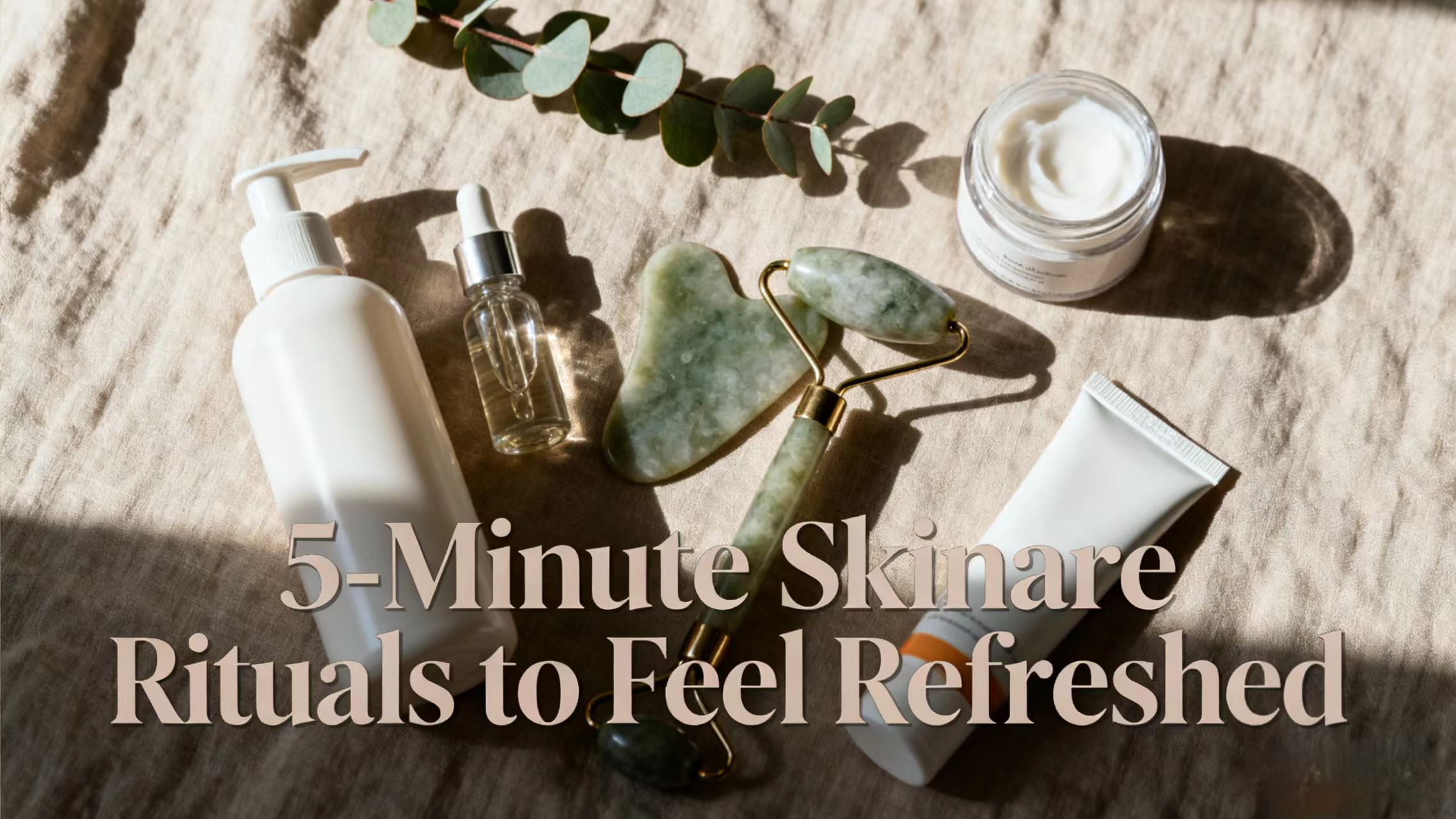 Flat lay of a 5-minute skincare ritual setup with cleanser, gua sha stone, serum, moisturizer, and sunscreen on beige linen background with eucalyptus leaves.