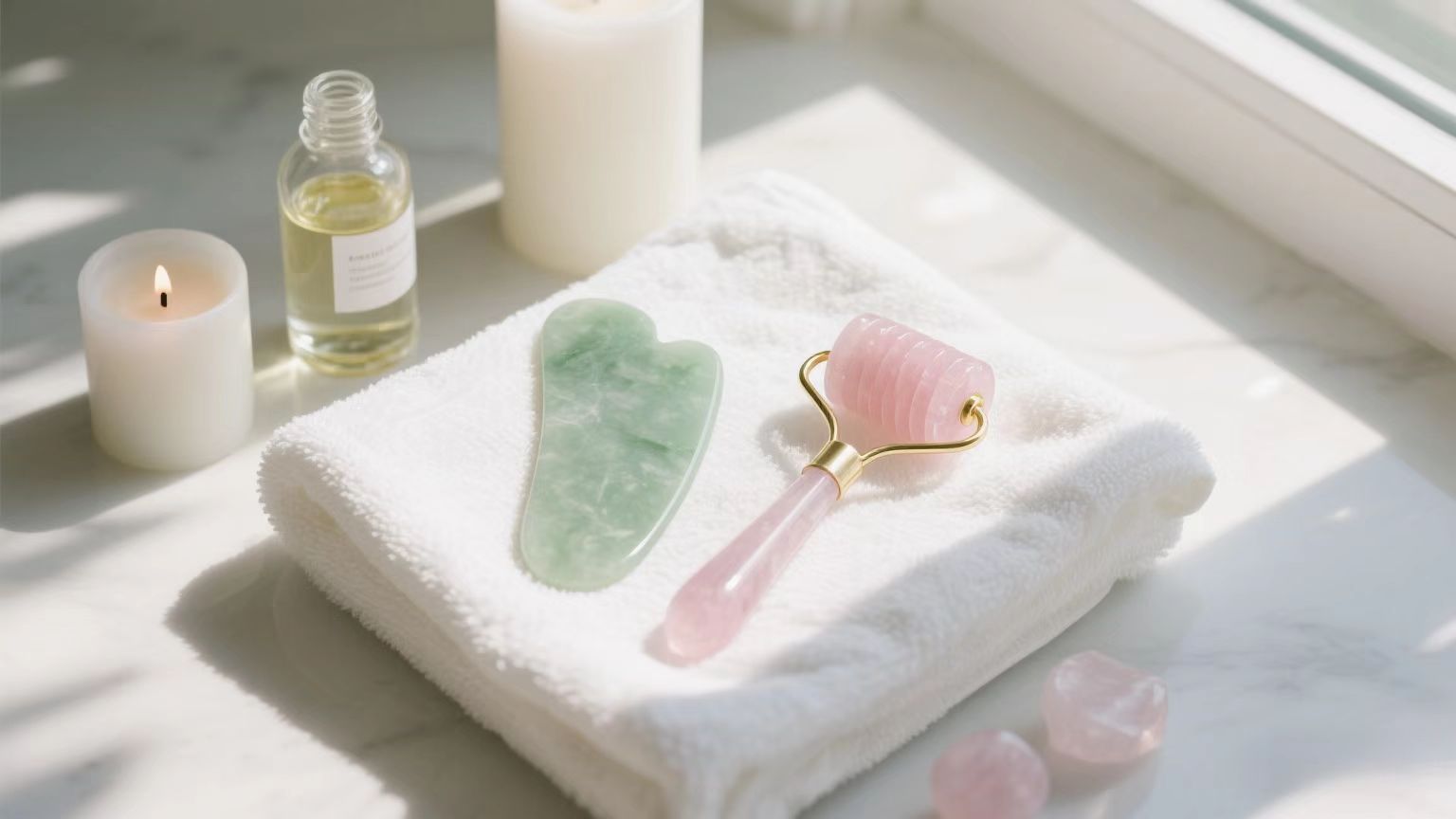 Flat-lay of jade Gua Sha tool with face oil and roller on a towel, styled in a calming skincare scene.