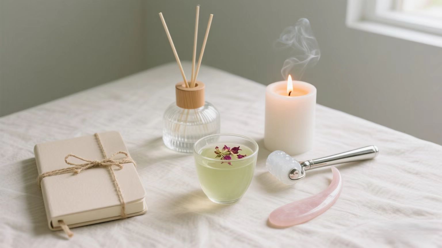 Flat lay of self-care items including ice roller, gua sha, tea, and journal arranged on a linen surface with candlelight.